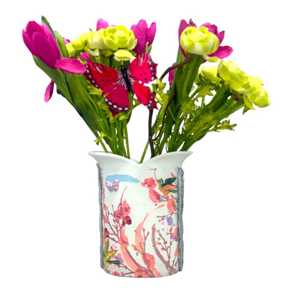 White Tulip Ceramic Italian Vase UpCycled With Decoupage and Hand Moulded Clay - Picture 12 of 13